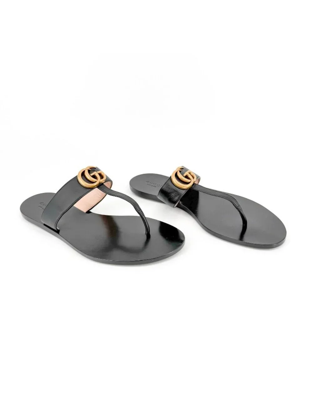 Gucci GG Marmont Thong Sandals Black Leather Size 40 US 10 Women's Flat Slides